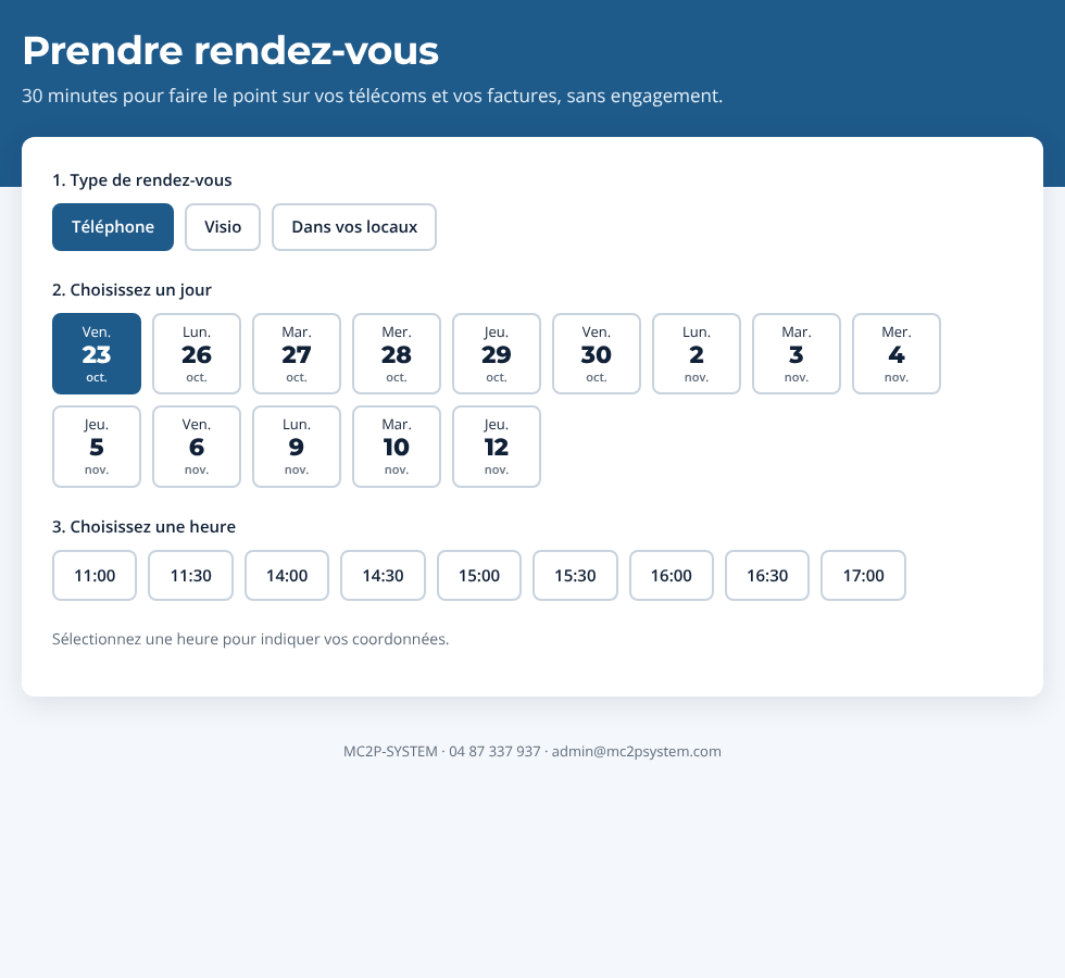 Page de réservation : choix du type de rendez-vous, du jour et de l’heure
